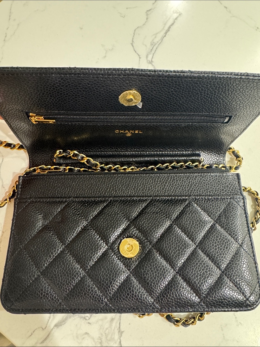 CHANEL wallet on chain Black Quilted Caviar Leather Gold Chain - Picture 2 of 4